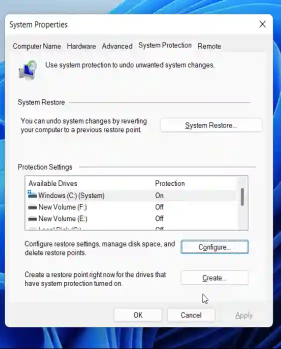 إنشاء استعادة = نقطة ويندوز 11