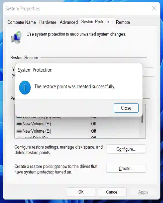 أنشأت نقطة الاستعادة windows 11 بنجاح