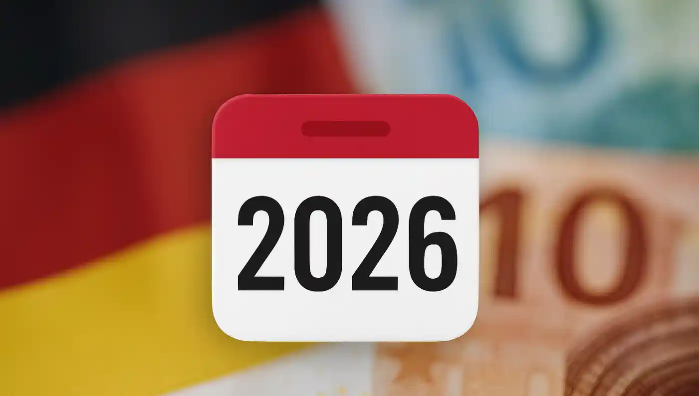 رمز تقويم لعام 2026 فوق صورة شخص غير معروف يحمل أوراق نقدية يورو في محفظة.