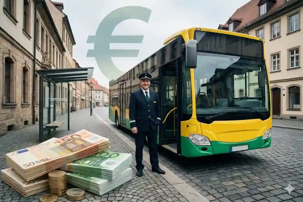 سائق حافلة ألمانية بزي العمل يقف بجانب باص حديث مع أوراق يورو نقدية ورمز € في المشهد، يرمزون إلى راتب سائق الباص في ألمانيا 2026 (Busfahrer Gehalt Deutschland).