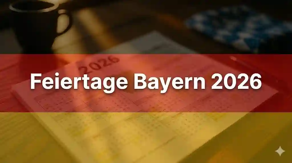 تقويم ورقي لعام 2026 على مكتب خشبي مع عنوان Feiertage Bayern 2026 يرمز إلى العطل الرسمية في بافاريا
