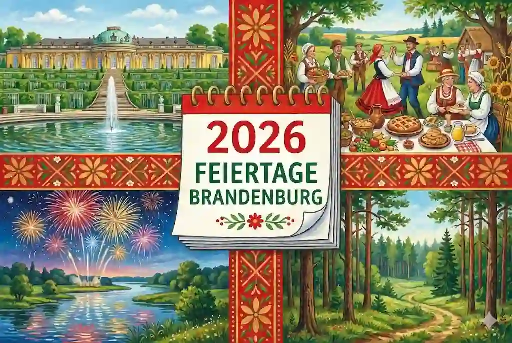 رسم تقويمي ملون للعطل الرسمية في براندنبورغ 2026 مع مناظر طبيعية واحتفالات شعبية