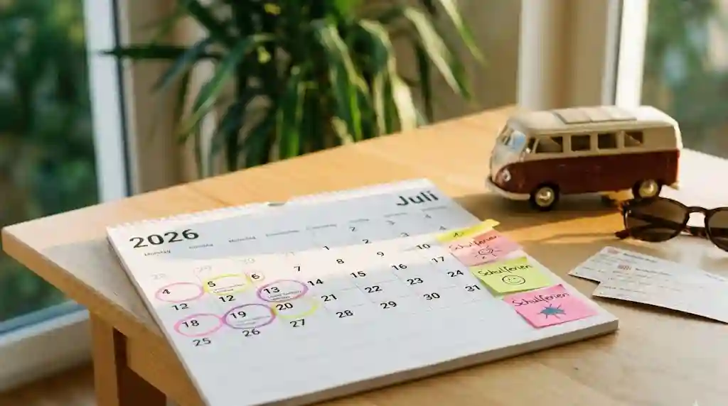 العطل الرسمية في سكسونيا السفلى 2026 (Feiertage Niedersachsen 2026) مع تقويم 2026 على طاولة مضاءة بضوء طبيعي، تم تمييز تواريخ العطل المدرسية والإجازات العائلية بألوان مختلفة بشكل يساعد على التخطيط للسفر والرحلات.