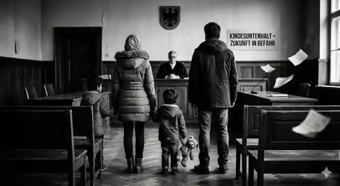 نفقة الأطفال بعد الانفصال في ألمانيا، صورة تعبيرية لعائلة تقف مع طفلين في قاعة محكمة ألمانية بعد الطلاق.