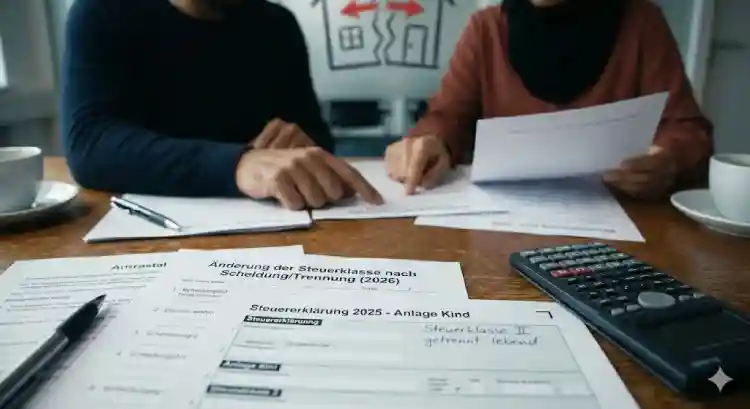 تغيير فئة الضريبة بعد الطلاق في ألمانيا 2026 – زوجان منفصلان يجلسان أمام أوراق Steuerklasse und Steuererklärung مع آلة حاسبة، يراجعان شريحة الضريبة بعد الانفصال (Steuerklasse nach Trennung, Steuerklasse 2).