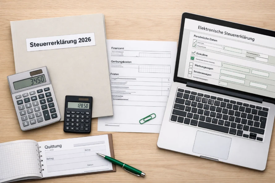 صورة تجهيز الإقرار الضريبي في ألمانيا 2026 (Steuererklärung 2026) على مكتب مع ملف ضريبي وحاسبات ولابتوب يعرض نموذج إقرار إلكتروني، مع بنود Fristen وWerbungskosten وHome-Office-Pauschale بدون أشخاص.